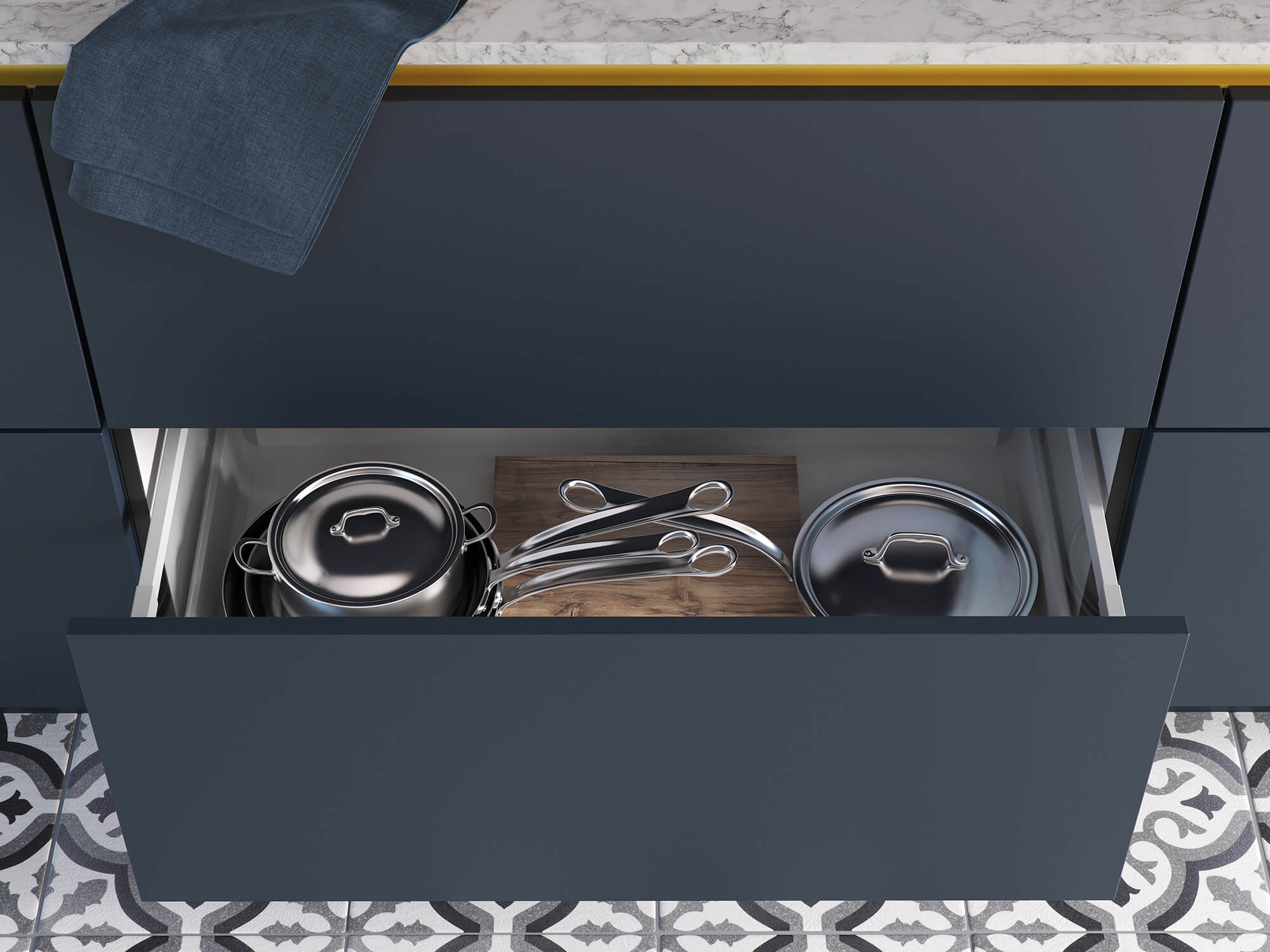 Blauwe keukenlades met landelijke vloer