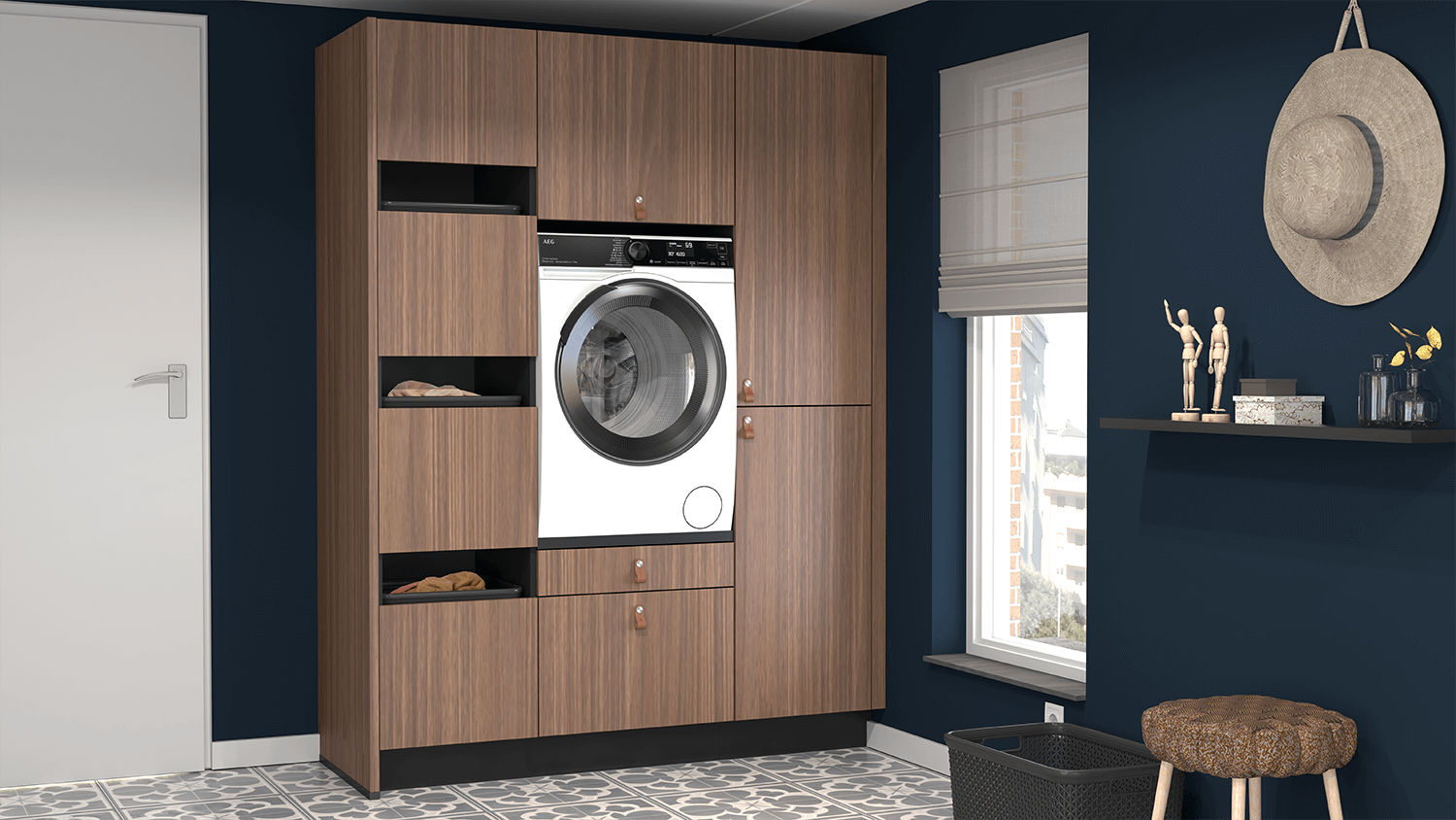 Houten bijkeuken met gouden knoppen