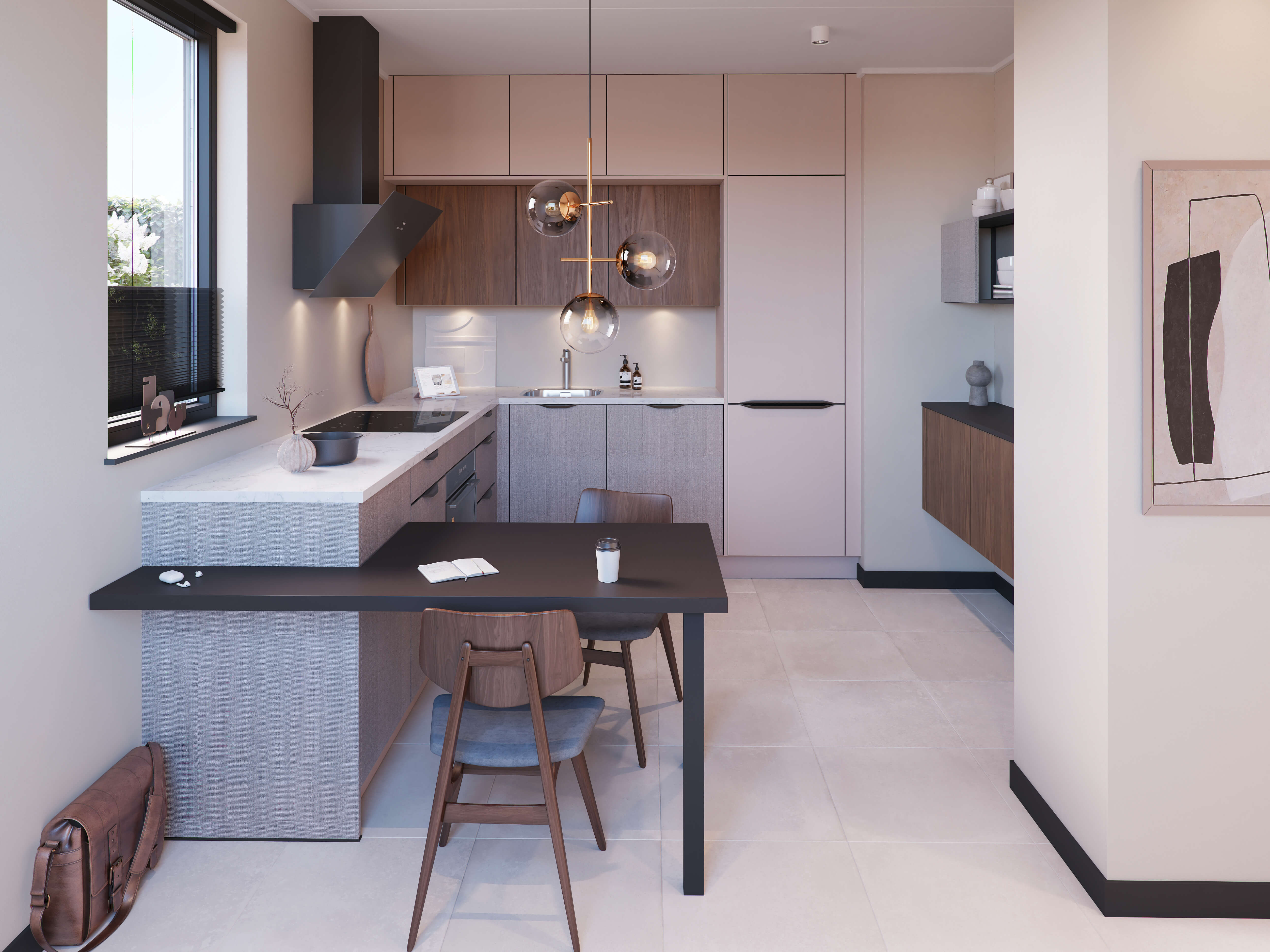 Hoekkeuken met extra kastenwand en zitgedeelte