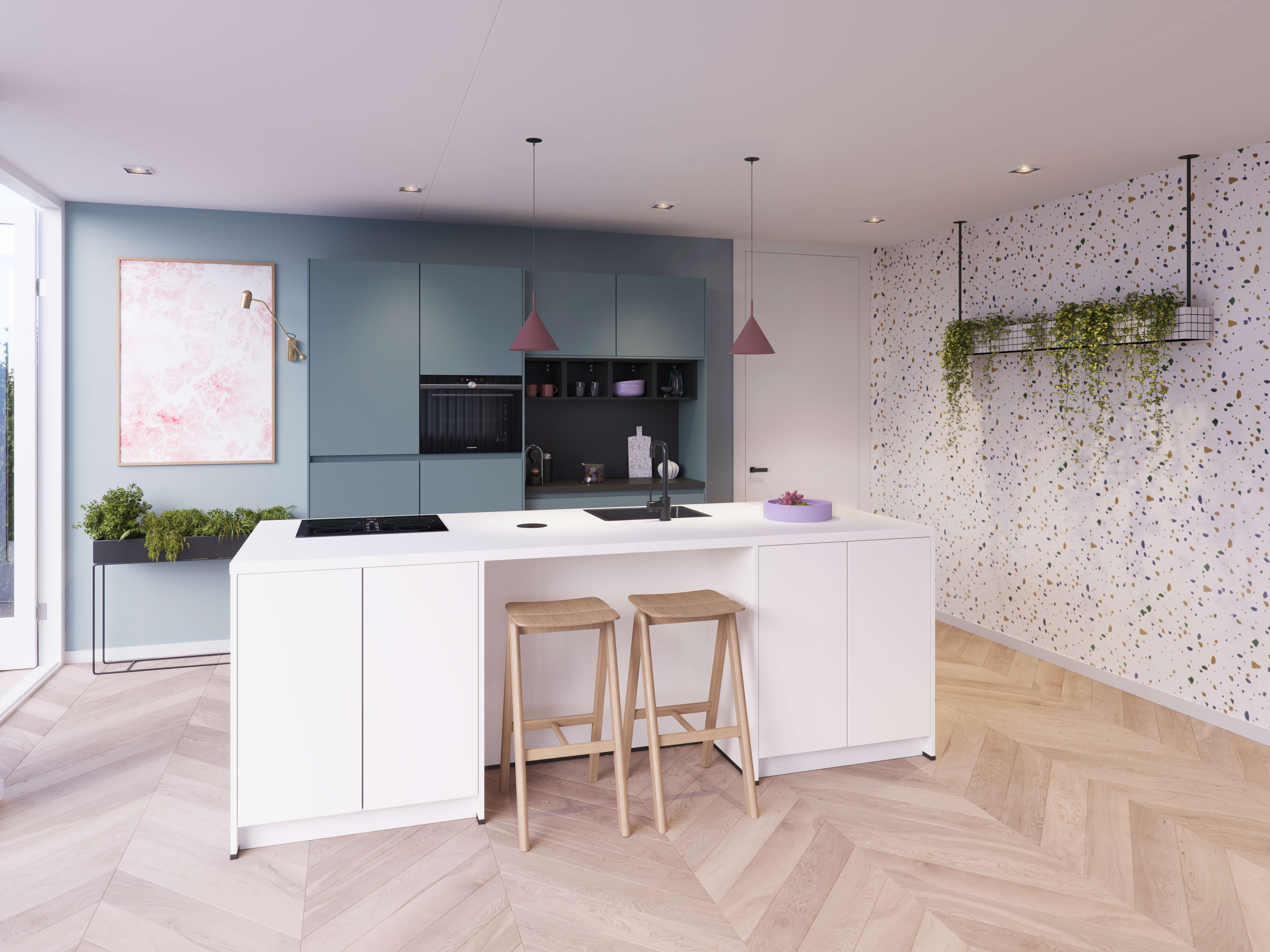 Staalblauwe keuken met modern wit kookeiland