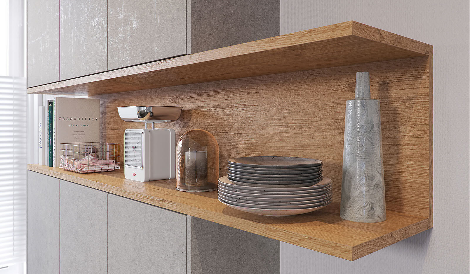 Keuken Atlas betongrijs & oud eiken natuur - open kast design 
