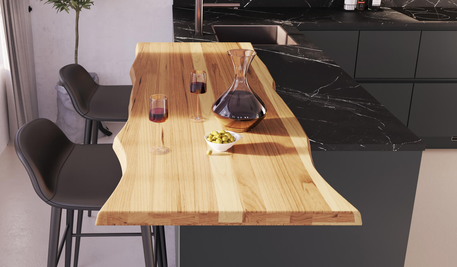 Keuken Matterhorn leisteengrijs - houten bartafel