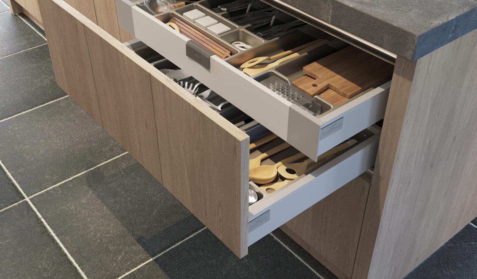 Keuken Aerdenhout Stroken 20 grijs eiken - Bestek- en voorraadlade