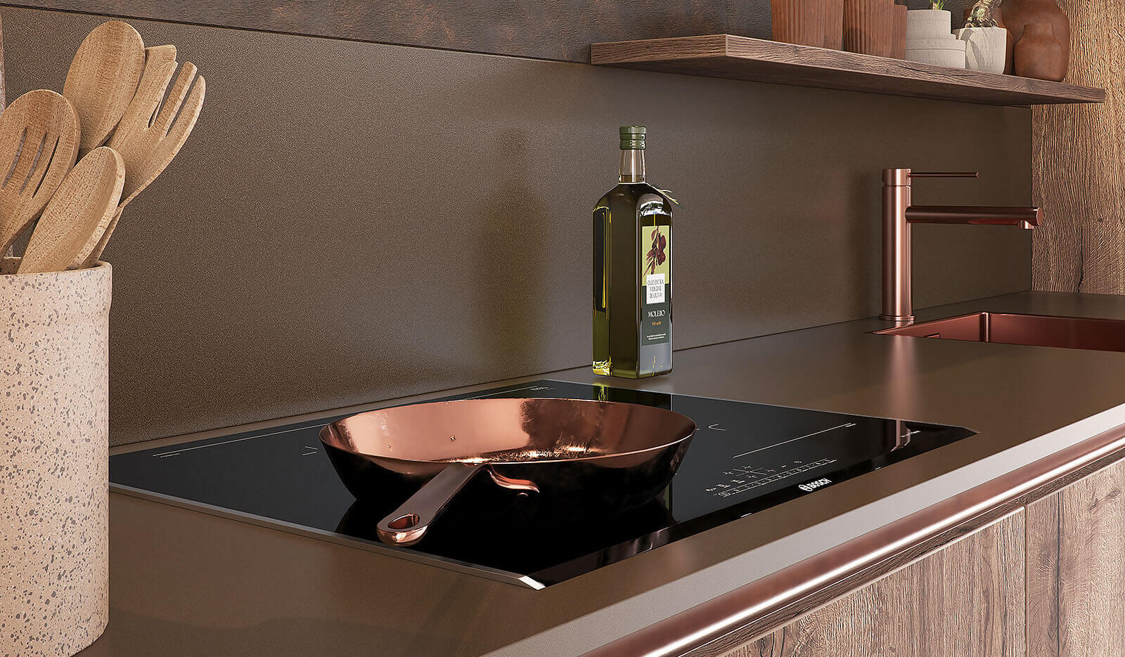 Keuken Jura wild eiken donker en Metallic koper - inductiekookplaat