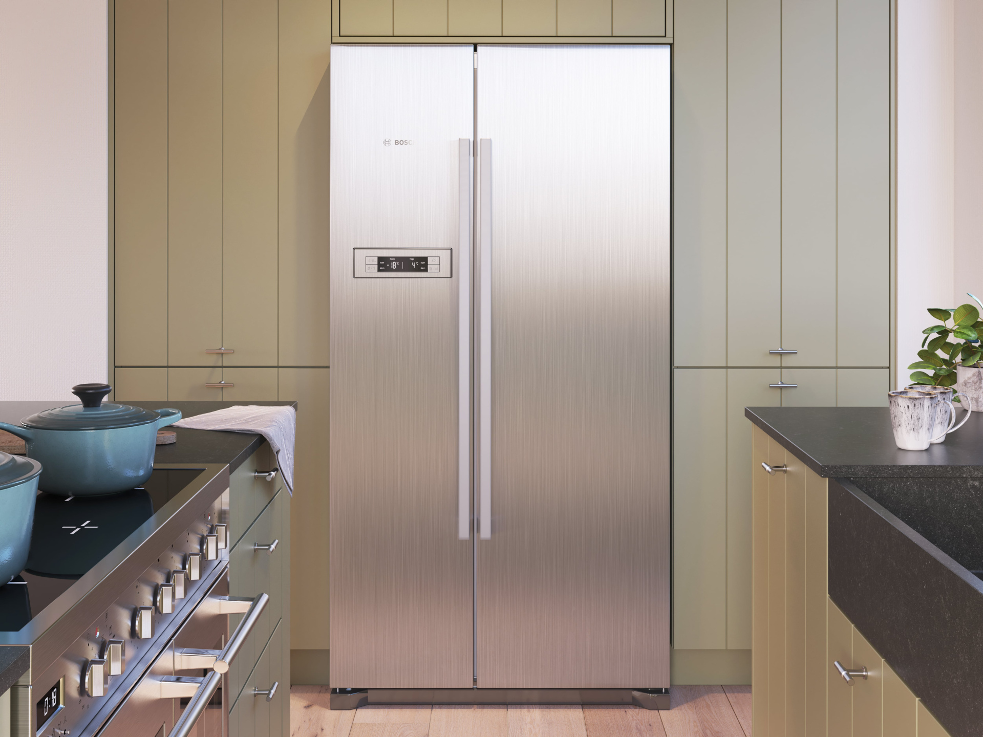 Keuken Olympia Stroken olijfgroen - Amerikaanse koelkast 