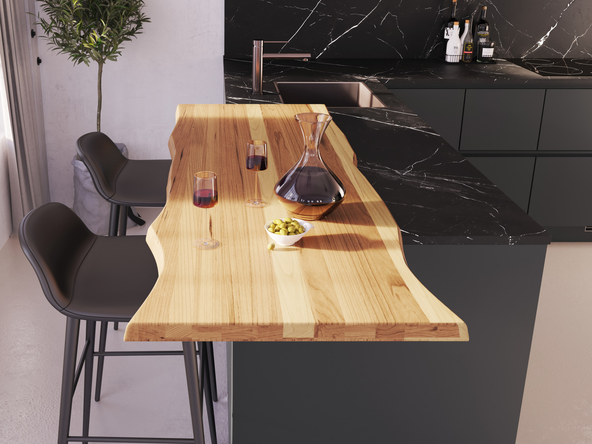Keuken Matterhorn leisteengrijs - houten bartafel